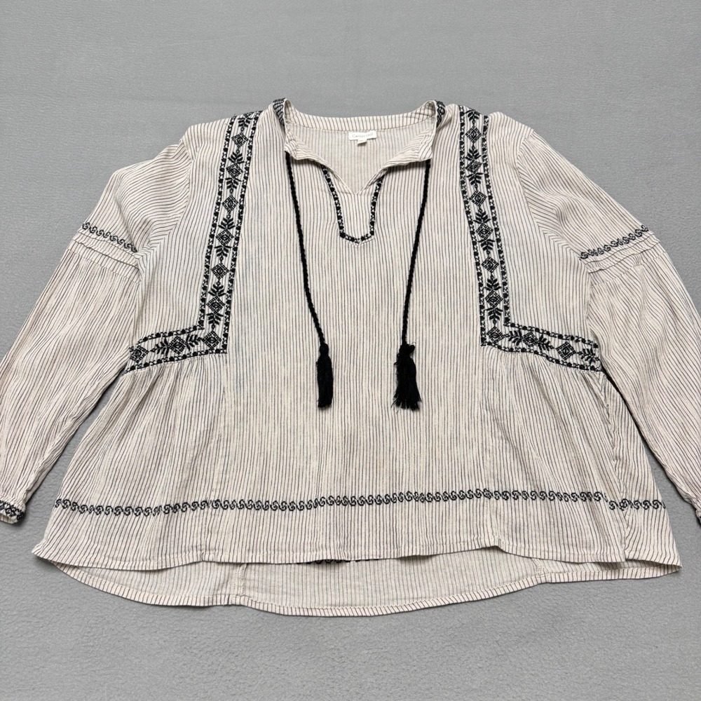 Garnet Hill Blouse Womens 12 Ivory Black Cotton Embroidered Boho Peplum Top